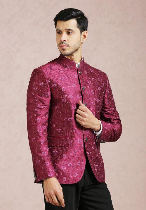 Wine Embroidered Bandhgala Set with Formal Trouser