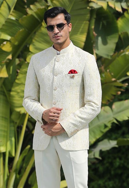 Cream Jacquard Bandhgala Suit