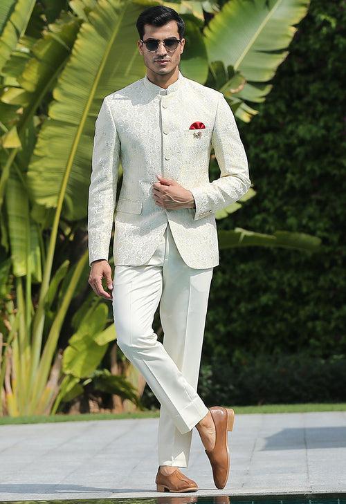 Cream Jacquard Bandhgala Suit