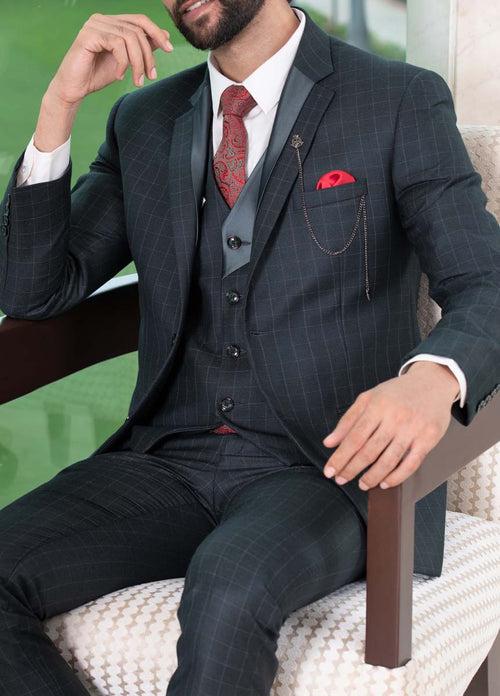 Olive Green Designer Check Suit