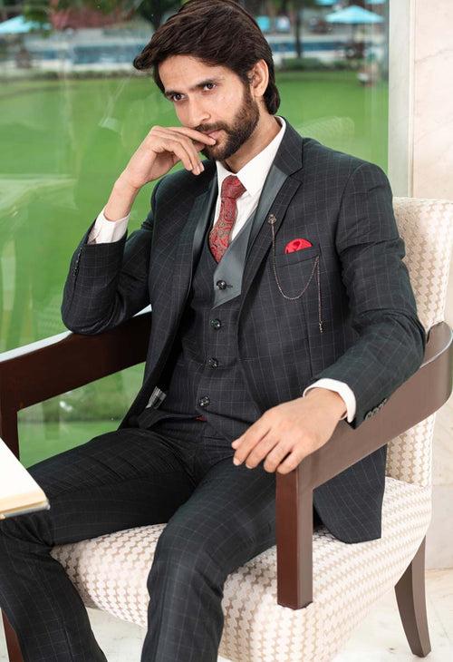 Olive Green Designer Check Suit