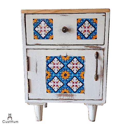 Jasmine - Distressed Solid Wood Side Table with Embedded Tiles