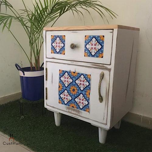 Jasmine - Distressed Solid Wood Side Table with Embedded Tiles