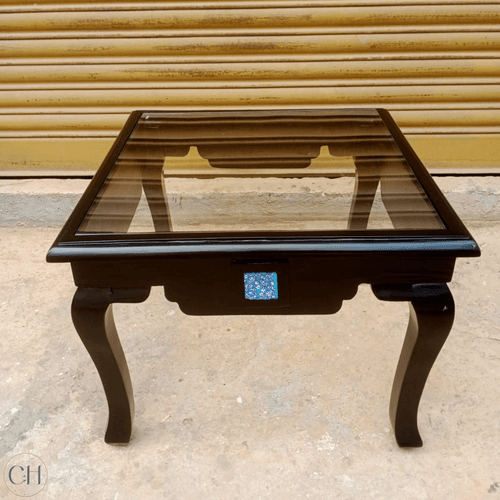 Viola - Ornate Solid Wood Side Table with Toughened Glass Top