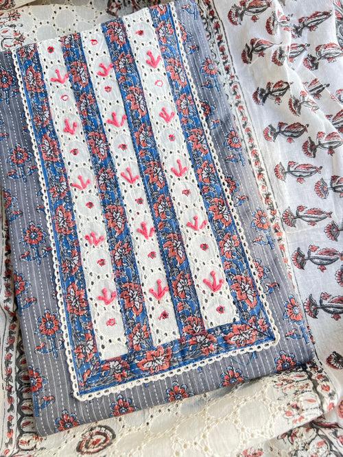 Pure Cotton Blue Suit With Hand Embroidery & Cotton Dupatta