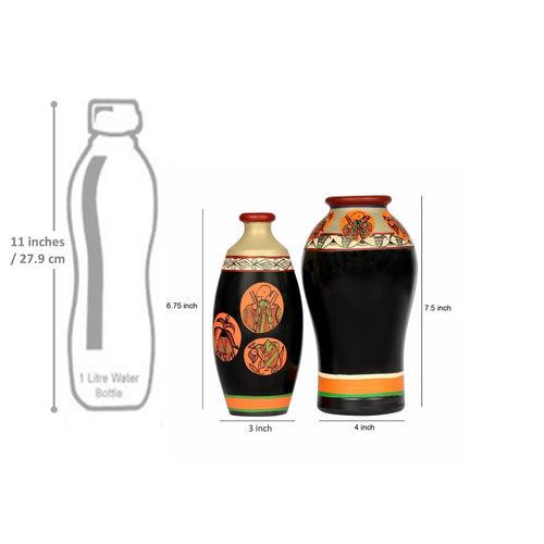 ‘Madhubani Fauna’ Terracotta Vase In Black Color, Set of 2