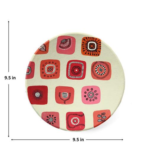 'Warli Square' Pink Handpainted Terracotta Decorative Wall Plate, 9 Inch