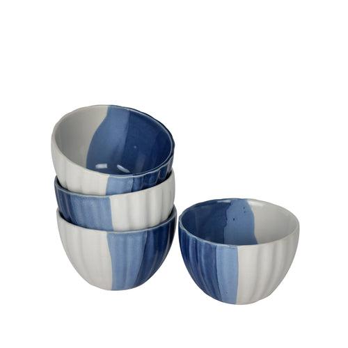 'Treble Blue Ridged' Ceramic Dining Bowls (Set of 4, 300 ml)
