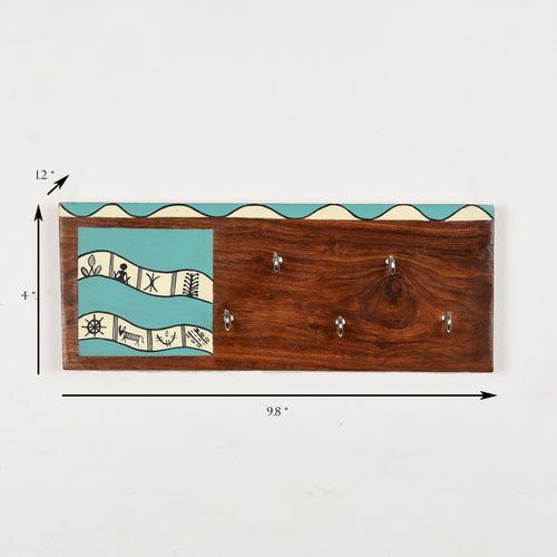 'Warli' Hand-painted Wooden Key Holder in Green Color