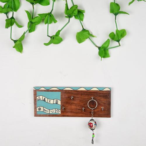 'Warli' Hand-painted Wooden Key Holder in Green Color