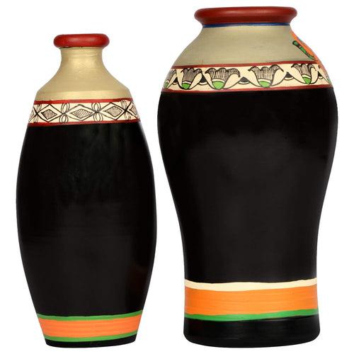 ‘Madhubani Fauna’ Terracotta Vase In Black Color, Set of 2