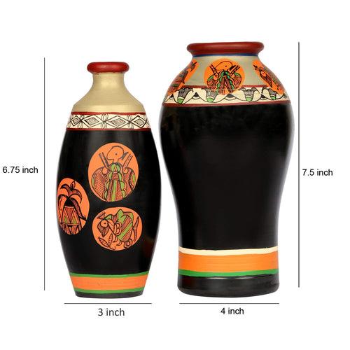 ‘Madhubani Fauna’ Terracotta Vase In Black Color, Set of 2