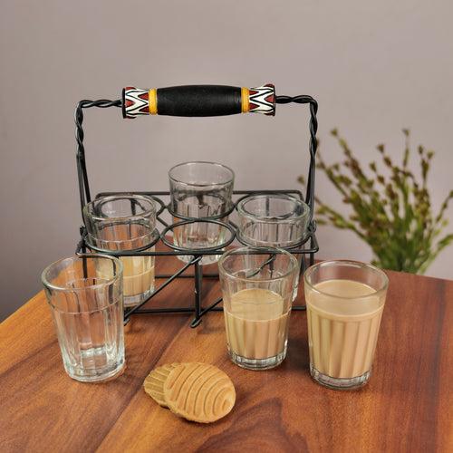 Tribal Design Cutting Chai Glasses With Stand