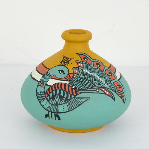 "Madhubani Peacock" Terracotta Vase In Green Color, Set of 2