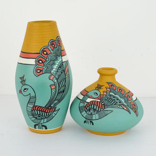 "Madhubani Peacock" Terracotta Vase In Green Color, Set of 2