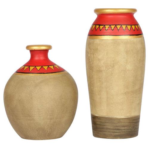 Decorative Terracotta Vase in Red and Beige Color (Set of 2)