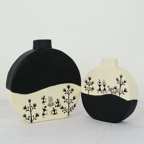 ‘Warli Rounds’ Terracotta Flower Vase In Black & White, Set of 2