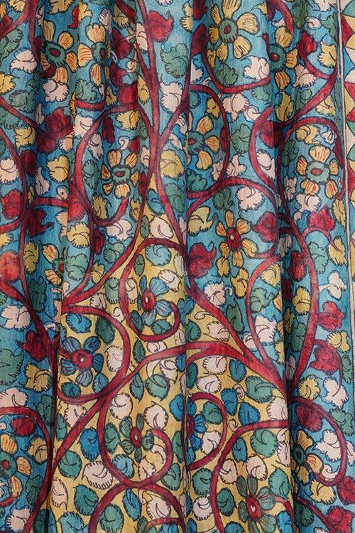 Hand woven mulberry silk with  pure jari border saree handpainted kalamkari with natural dye