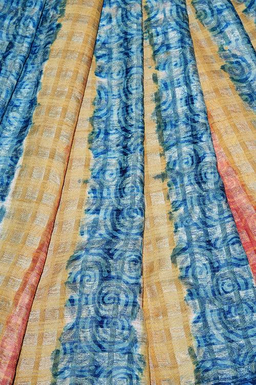 Hand woven self tussar check block printed sari in nature dye