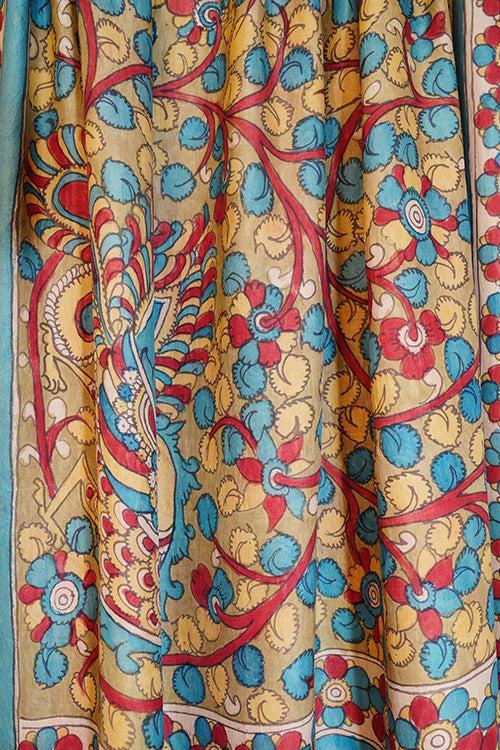 Hand woven mulberry silk with  pure jari border saree handpainted kalamkari with natural dye