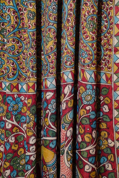 Hand woven mulberry silk with  pure jari border saree handpainted kalamkari with natural dye