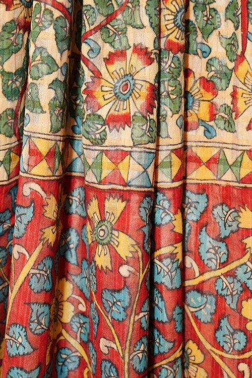 Hand woven self tussar check  handpainted kalamkari sari in nature dye