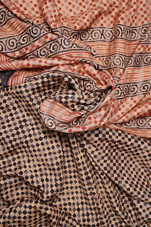 Hand woven tussar signature weave, block printed with natural dyes sari