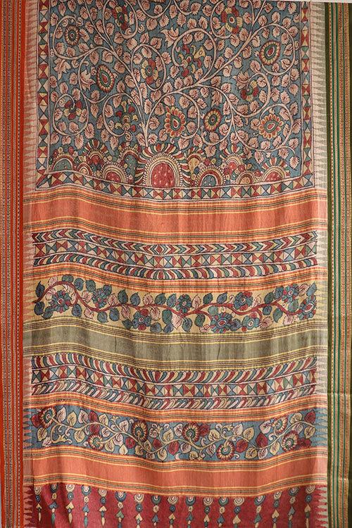 Natural Dye Hand-Painted  Desi Tussar Silk Kalamkari  Sari