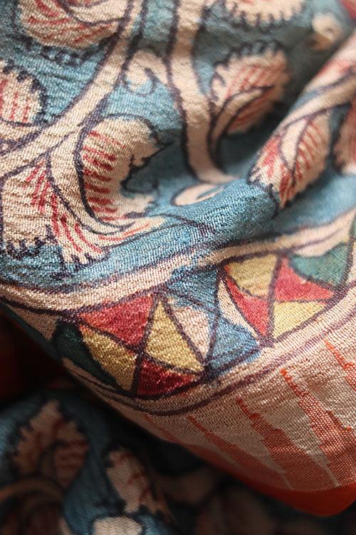 Natural Dye Hand-Painted  Desi Tussar Silk Kalamkari  Sari