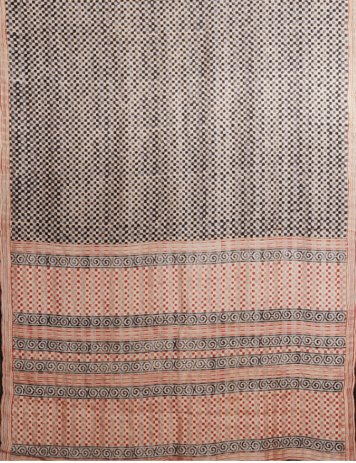 Hand woven tussar signature weave, block printed with natural dyes sari