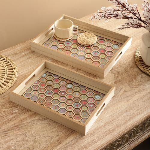 Beige Honeycomb Wooden Serving Tray (Set of 2)