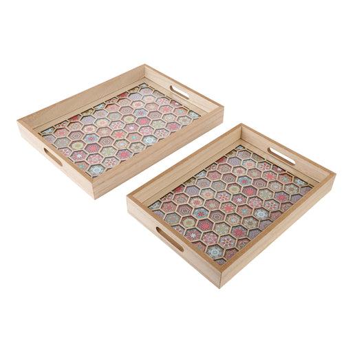 Beige Honeycomb Wooden Serving Tray (Set of 2)