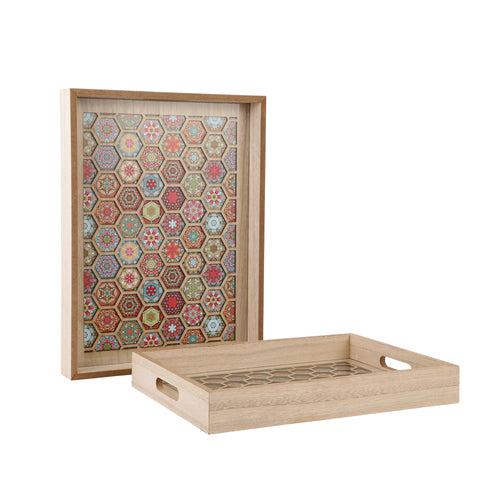 Beige Honeycomb Wooden Serving Tray (Set of 2)