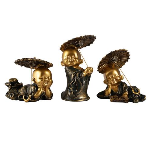 Three Pose Laughing Buddha with Umbrellas - Green (Set of 3)