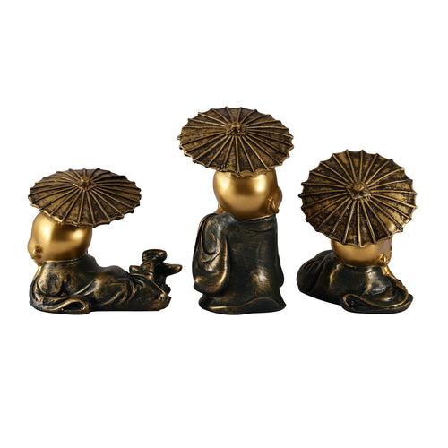 Three Pose Laughing Buddha with Umbrellas - Green (Set of 3)