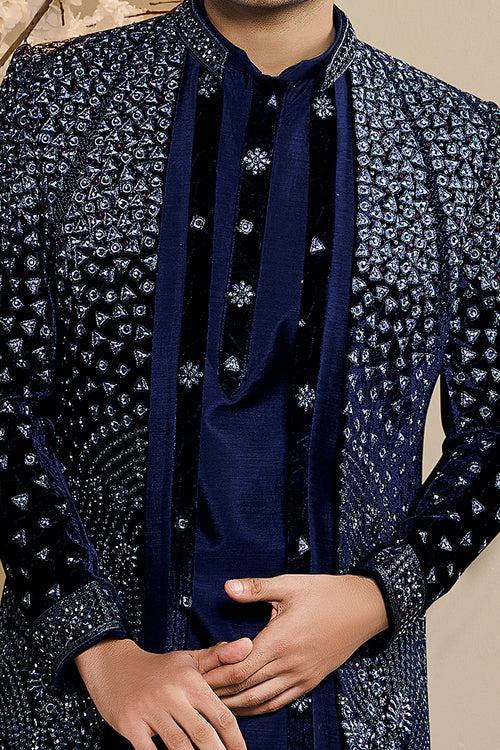 Dark Blue Indo-Western Jacket Set With Motifs