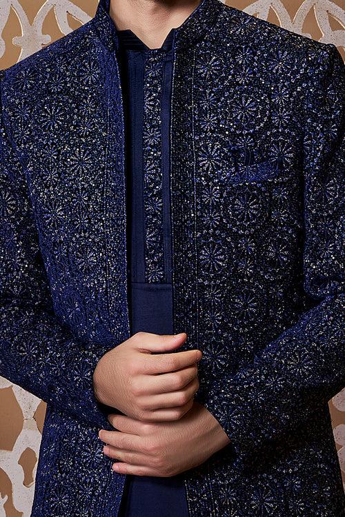 Dark Blue Open Jacket with Kurta Set