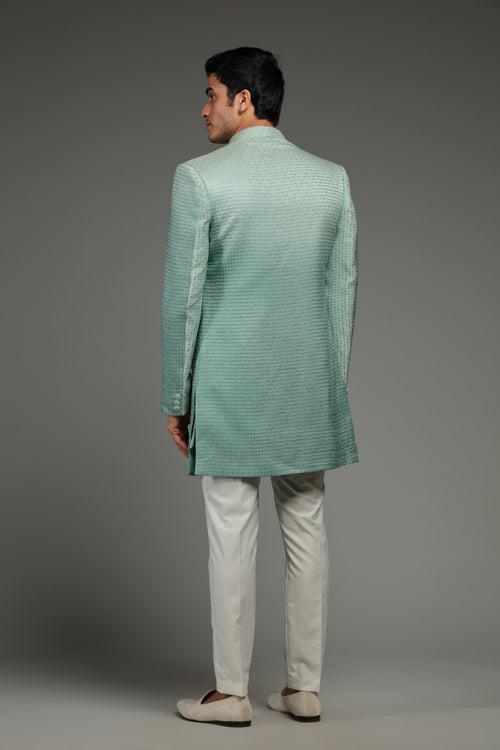 Pastel Green Silk Jacket Set With Resham & Sequin