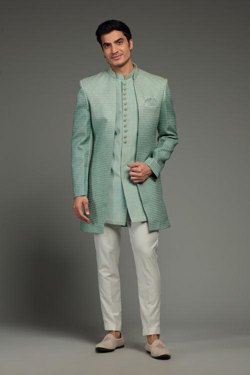Pastel Green Silk Jacket Set With Resham & Sequin