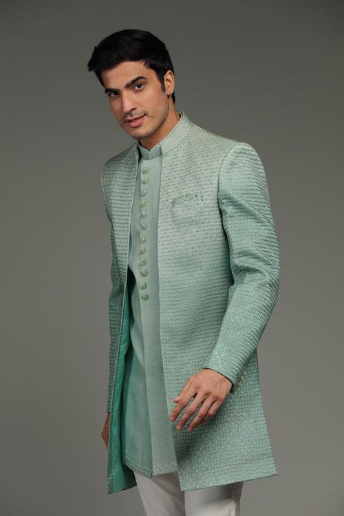 Pastel Green Silk Jacket Set With Resham & Sequin