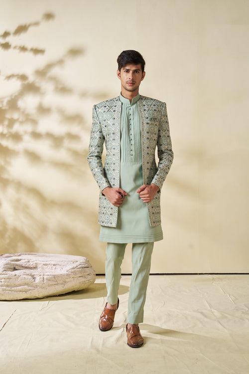 Sage Green Indowestern Jacket Set with Floral Motif