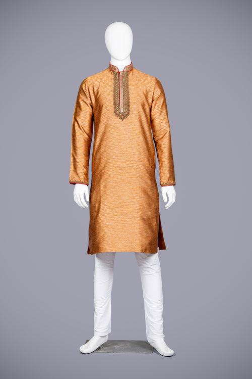 Orange Kurta Set in Brocade Silk and Hand Work