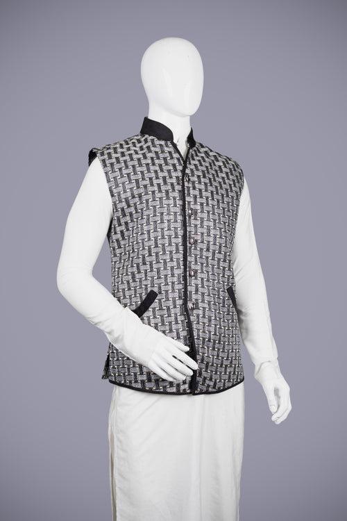 Black and White Jute Silk Kurta Set for Men