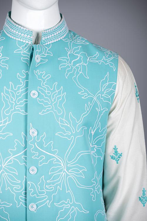 Sky Blue Art Silk Jacket Set with Cord Work