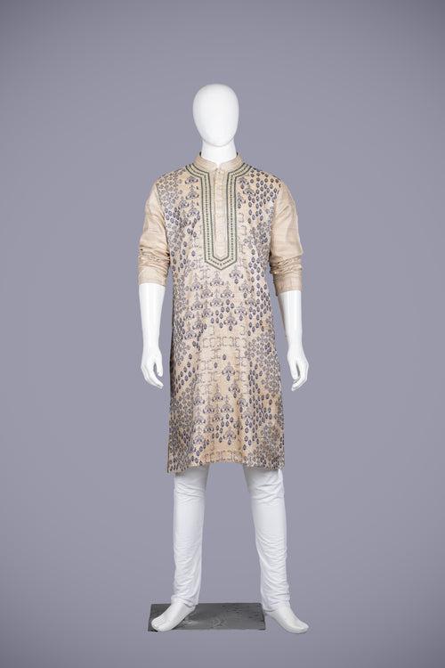 Beige Tussar Silk Kurta Set with Resham & Sequence Work