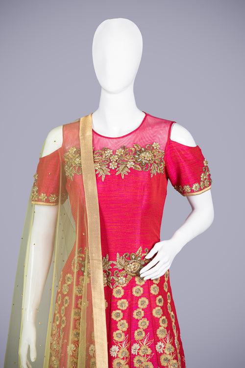 Hot Pink Silk Gown with Jadau and Crystal Work