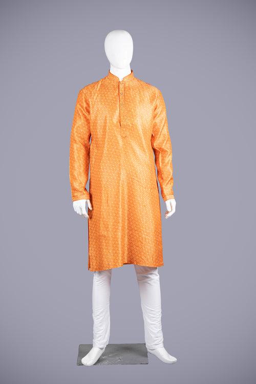 Orange Art Silk Kurta Set with Churidar for Men