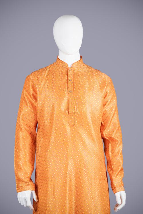 Orange Art Silk Kurta Set with Churidar for Men