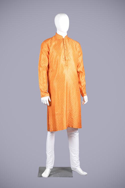 Orange Art Silk Kurta Set with Churidar for Men