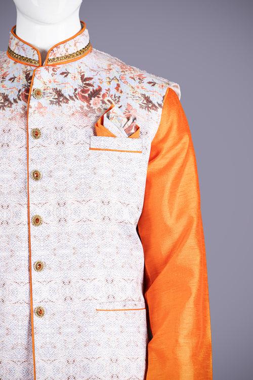 Orange Printed Art Silk Koti Set for Men